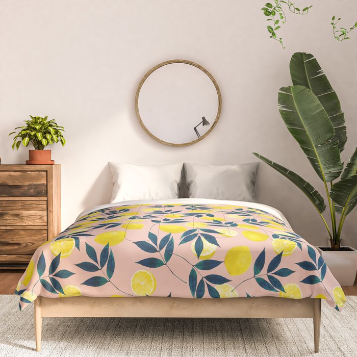 Lemon Goodness, Botanical Nature Forest Illustration, Bohemian Blush Colorful Painting Comforter Gallery Image 3