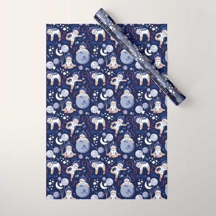 Best Space To Be // navy blue background indigo moons and cute astronauts sloths Wrapping Paper Gallery Image 1