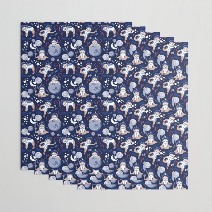 Best Space To Be // navy blue background indigo moons and cute astronauts sloths Wrapping Paper Gallery Image 3