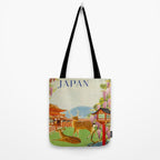 Vintage Mid Century Modern Japan Travel Poster Deer Red Pagoda Wisteria Garden Tote Bag Gallery Image 2