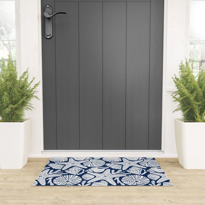 Ocean Floor Nautical Shells Navy Blue Welcome Mat Gallery Image 3