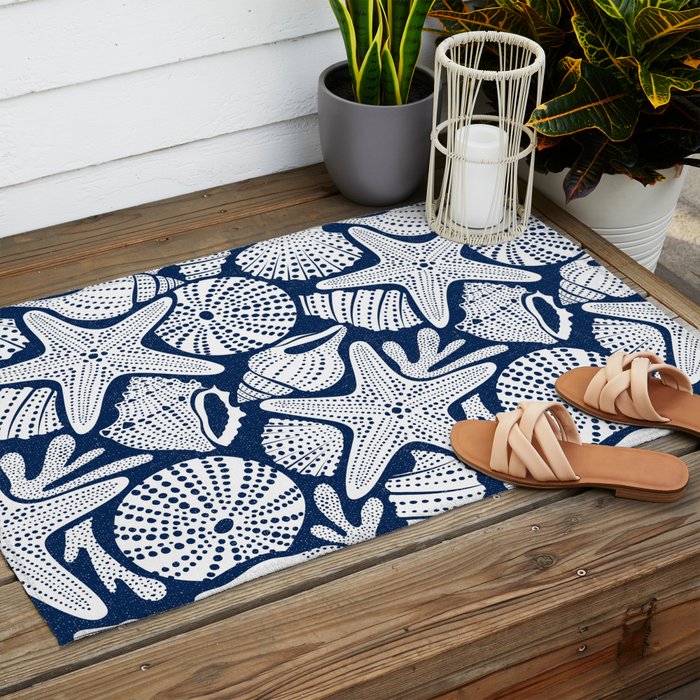 Ocean Floor Nautical Shells Navy Blue Outdoor Rug Gallery Image 2