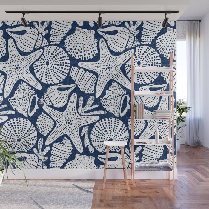 Ocean Floor Nautical Shells Navy Blue Wall Mural Gallery Image 1