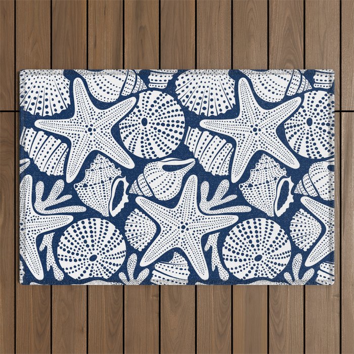 Ocean Floor Nautical Shells Navy Blue Outdoor Rug Gallery Image 1