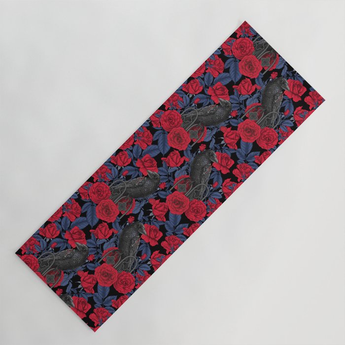 Ravens and red roses with blue leaves Yoga Mat Gallery Image 1