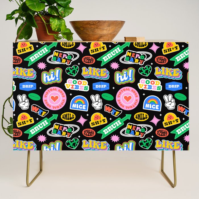Retro cartoon sticker label pattern Credenza Gallery Image 1