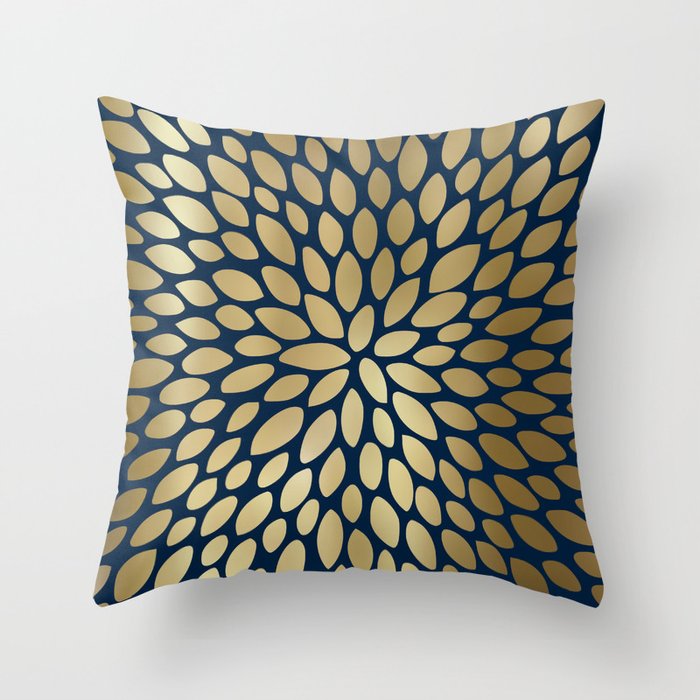 Gold and Navy Floral Bloom Throw Pillow Gallery Image 1