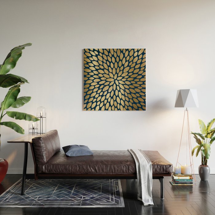 Gold and Navy Floral Bloom Wood Wall Art Gallery Image 2