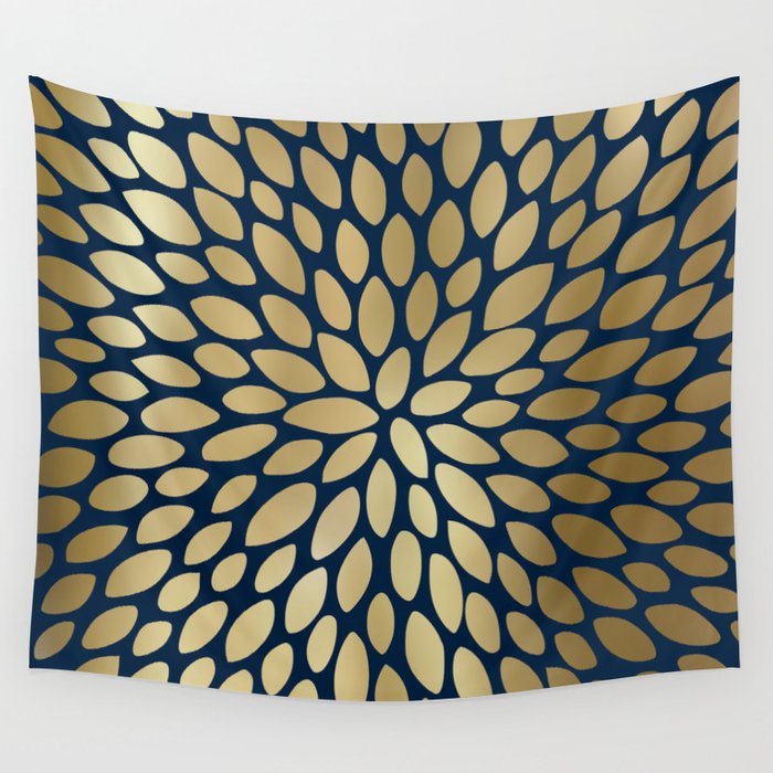 Gold and Navy Floral Bloom Wall Tapestry Gallery Image 4