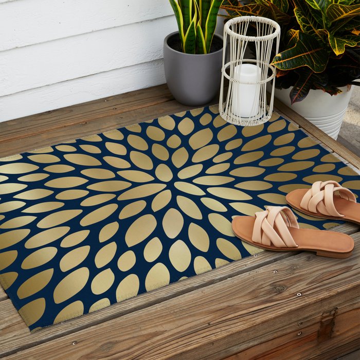 Gold and Navy Floral Bloom Outdoor Rug Gallery Image 2