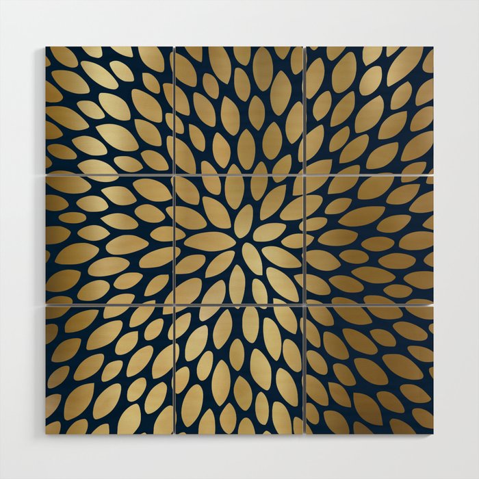 Gold and Navy Floral Bloom Wood Wall Art Gallery Image 1