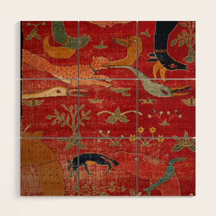 Animal Grotesques Mughal Carpet Fragment Digital Painting Wood Wall Art Gallery Image 1