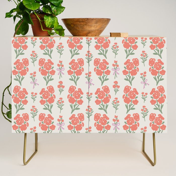 Preppy Grandmillennial Cute Red Flowers Credenza Gallery Image 1