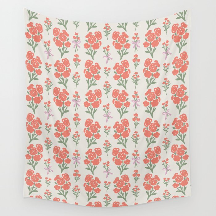 Preppy Grandmillennial Cute Red Flowers Wall Tapestry Gallery Image 1
