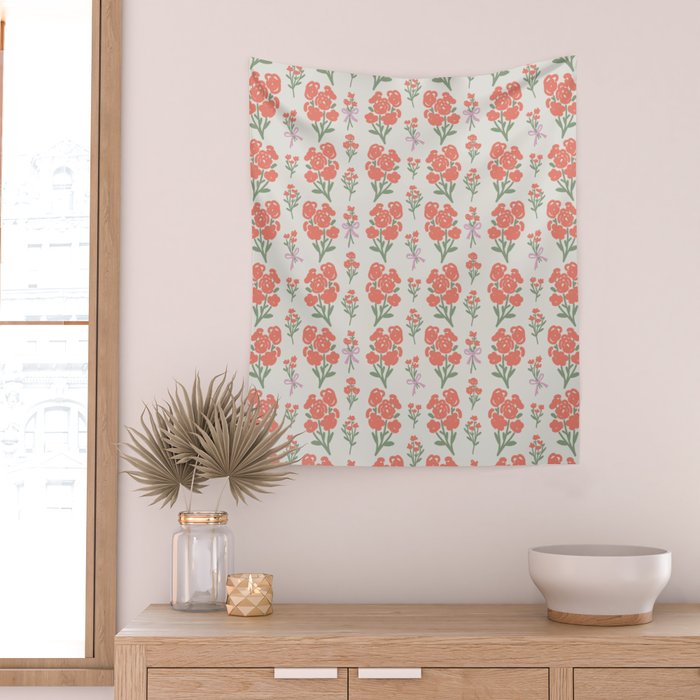 Preppy Grandmillennial Cute Red Flowers Wall Tapestry Gallery Image 2