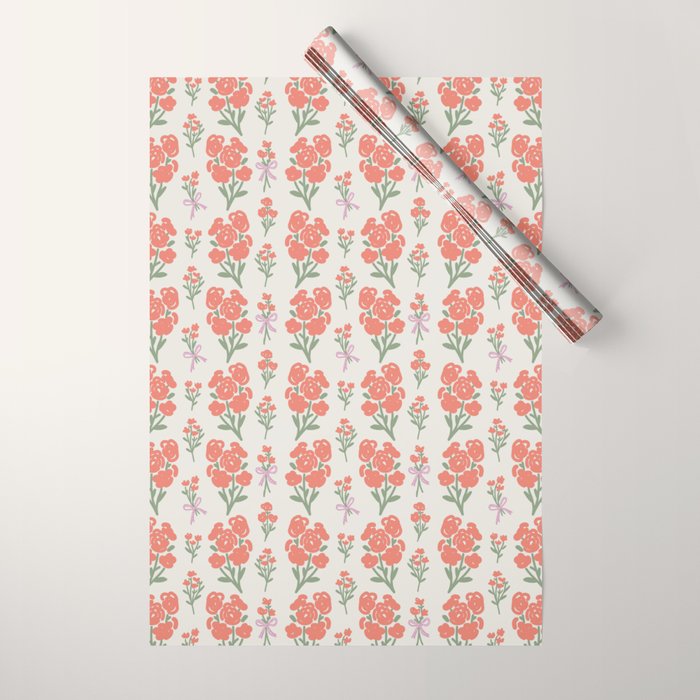 Preppy Grandmillennial Cute Red Flowers Wrapping Paper Gallery Image 1