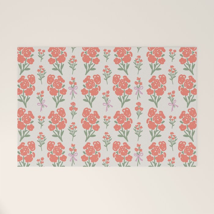 Preppy Grandmillennial Cute Red Flowers Welcome Mat Gallery Image 1