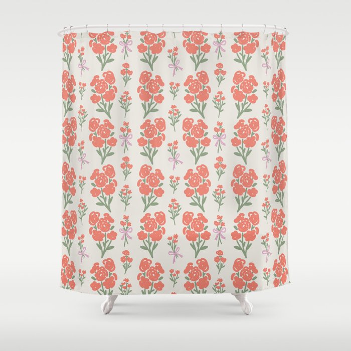 Preppy Grandmillennial Cute Red Flowers Shower Curtain Gallery Image 1
