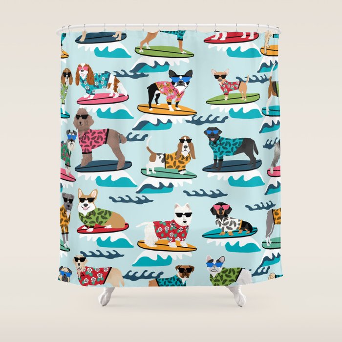 Surfing Dogs - cute summer tropical dogs surfing Shower Curtain Gallery Image 1
