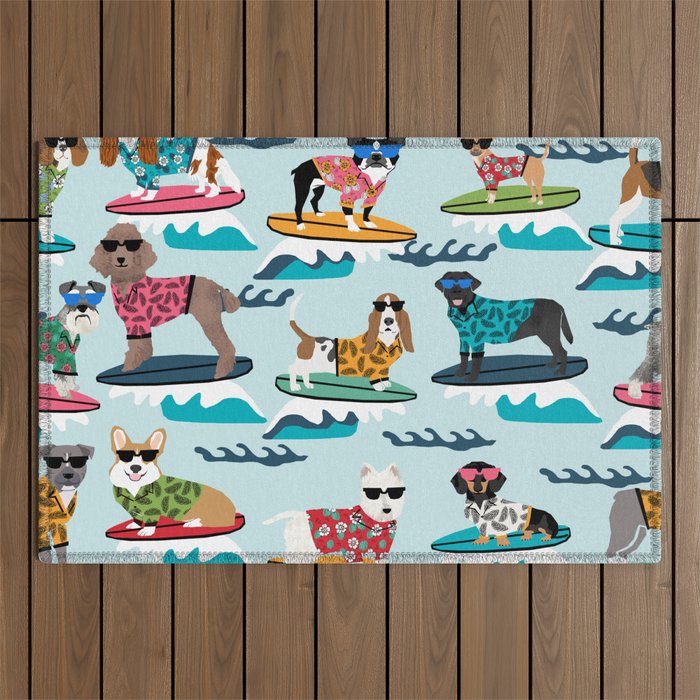Surfing Dogs - cute summer tropical dogs surfing Outdoor Rug Gallery Image 1