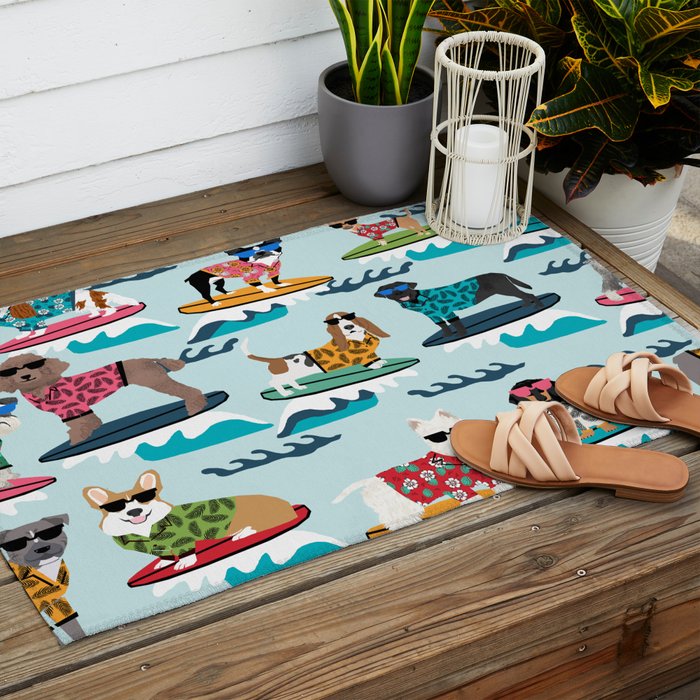 Surfing Dogs - cute summer tropical dogs surfing Outdoor Rug Gallery Image 2