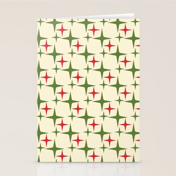 Atomic Christmas Mid Century Modern Stars Retro Xmas Red Green and Cream Pattern Stationery Card Gallery Image 2