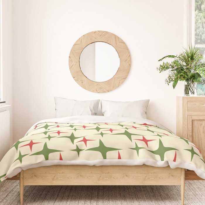 Atomic Christmas Mid Century Modern Stars Retro Xmas Red Green and Cream Pattern Duvet Cover Gallery Image 3