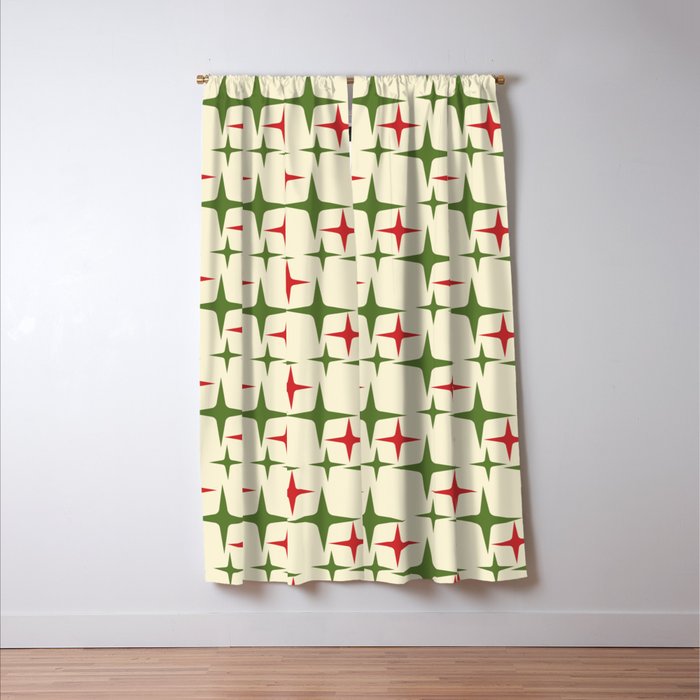Atomic Christmas Mid Century Modern Stars Retro Xmas Red Green and Cream Pattern Window Curtain Gallery Image 3