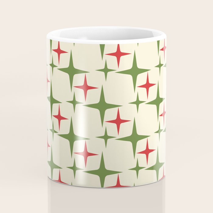 Atomic Christmas Mid Century Modern Stars Retro Xmas Red Green and Cream Pattern Coffee Mug Gallery Image 4