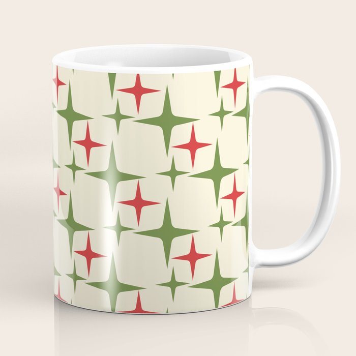 Atomic Christmas Mid Century Modern Stars Retro Xmas Red Green and Cream Pattern Coffee Mug Gallery Image 1