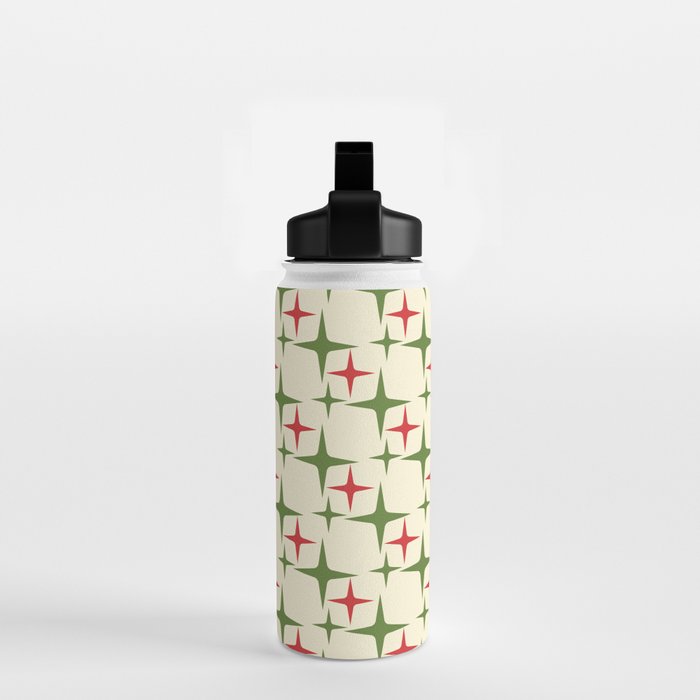 Atomic Christmas Mid Century Modern Stars Retro Xmas Red Green and Cream Pattern Water Bottle Gallery Image 2