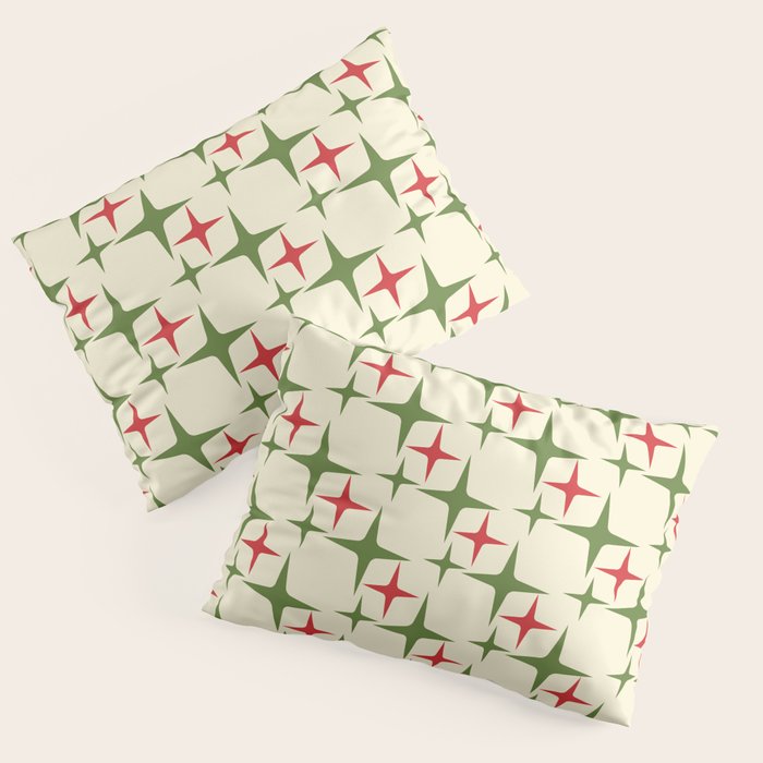 Atomic Christmas Mid Century Modern Stars Retro Xmas Red Green and Cream Pattern Pillow Sham Gallery Image 1