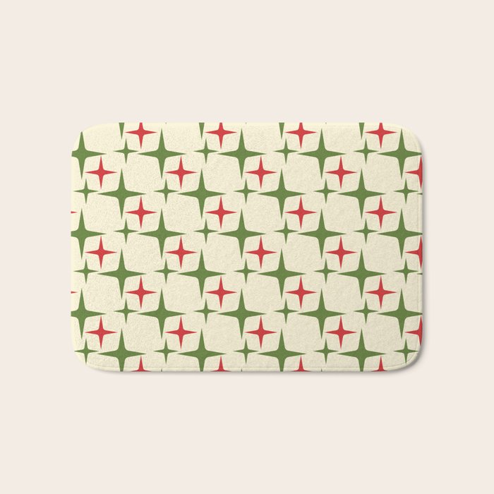 Atomic Christmas Mid Century Modern Stars Retro Xmas Red Green and Cream Pattern Bath Mat Gallery Image 1