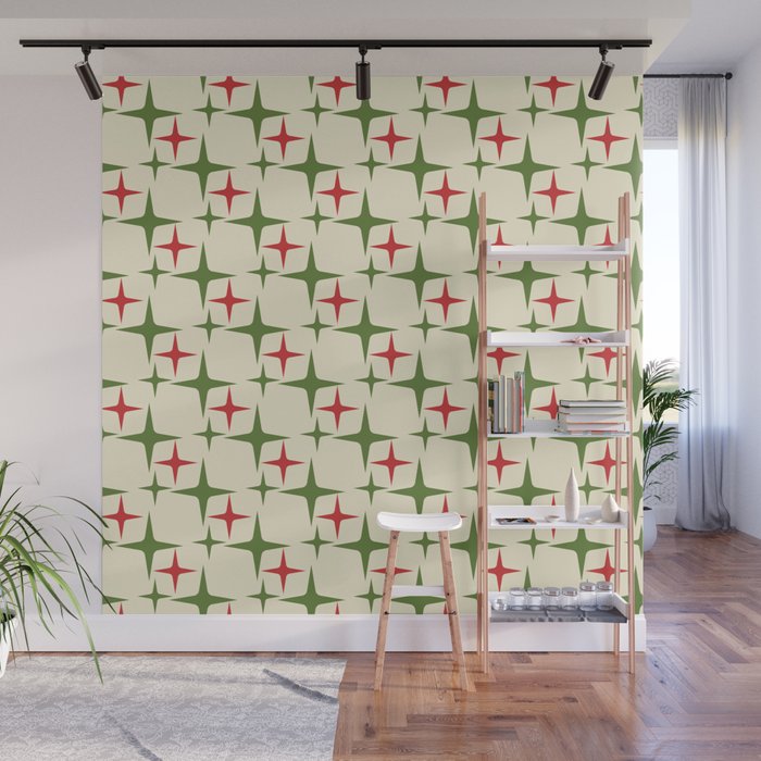 Atomic Christmas Mid Century Modern Stars Retro Xmas Red Green and Cream Pattern Wall Mural Gallery Image 1