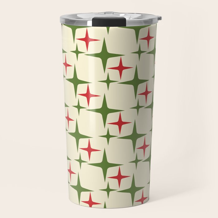 Atomic Christmas Mid Century Modern Stars Retro Xmas Red Green and Cream Pattern Travel Mug Gallery Image 1