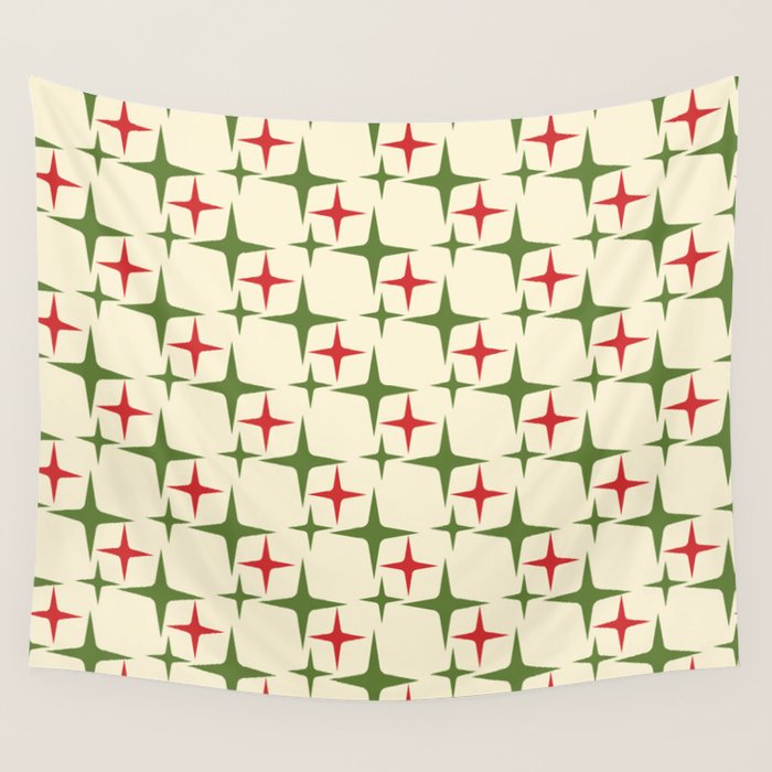 Atomic Christmas Mid Century Modern Stars Retro Xmas Red Green and Cream Pattern Wall Tapestry Gallery Image 1