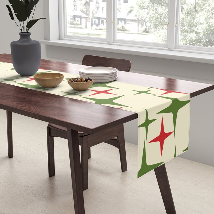 Atomic Christmas Mid Century Modern Stars Retro Xmas Red Green and Cream Pattern Table Runner Gallery Image 2