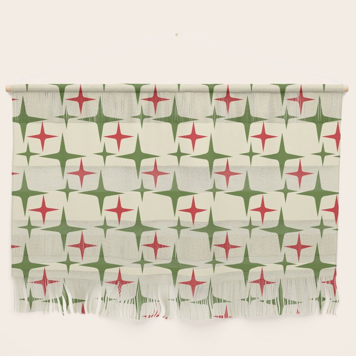 Atomic Christmas Mid Century Modern Stars Retro Xmas Red Green and Cream Pattern Wall Hanging Gallery Image 1