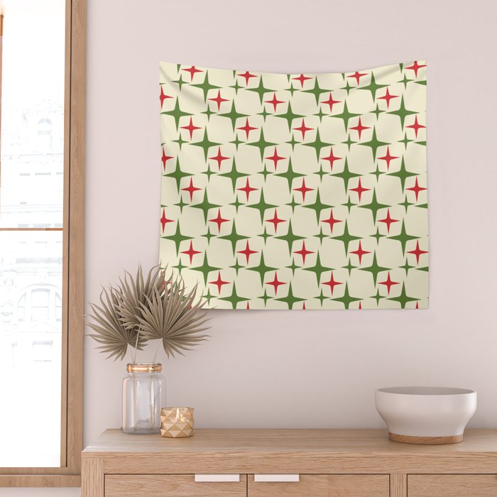 Atomic Christmas Mid Century Modern Stars Retro Xmas Red Green and Cream Pattern Wall Tapestry Gallery Image 2