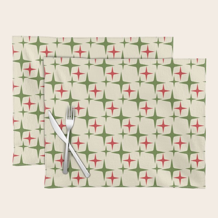 Atomic Christmas Mid Century Modern Stars Retro Xmas Red Green and Cream Pattern Placemat Gallery Image 1