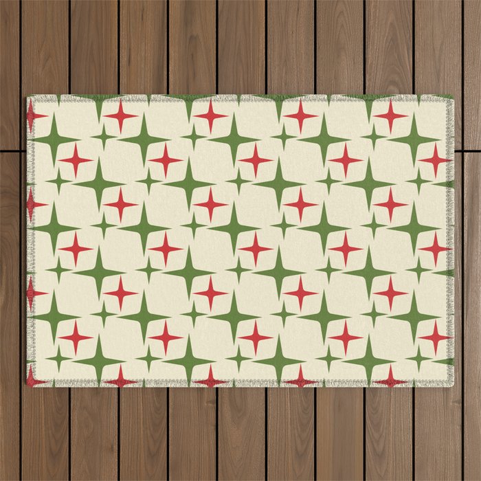 Atomic Christmas Mid Century Modern Stars Retro Xmas Red Green and Cream Pattern Outdoor Rug Gallery Image 1