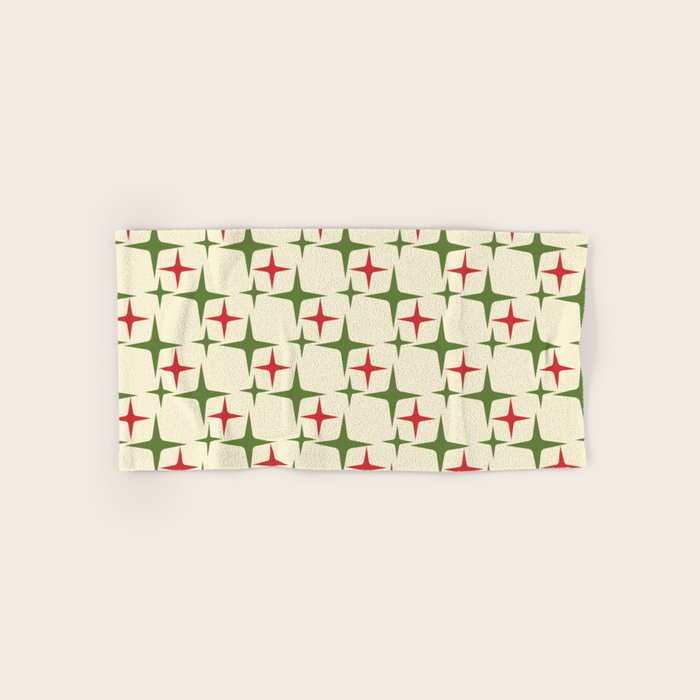 Atomic Christmas Mid Century Modern Stars Retro Xmas Red Green and Cream Pattern Bath Towel Gallery Image 1