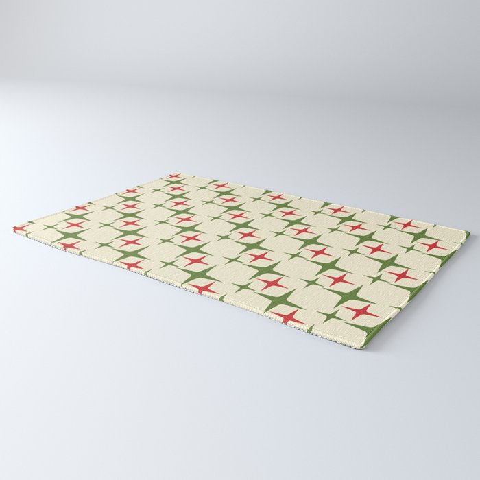 Atomic Christmas Mid Century Modern Stars Retro Xmas Red Green and Cream Pattern Rug Gallery Image 3