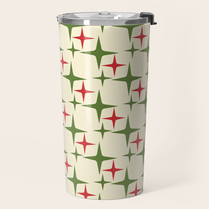 Atomic Christmas Mid Century Modern Stars Retro Xmas Red Green and Cream Pattern Travel Mug Gallery Image 2