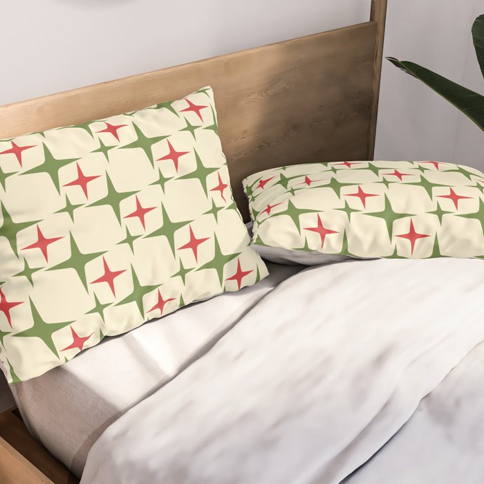 Atomic Christmas Mid Century Modern Stars Retro Xmas Red Green and Cream Pattern Pillow Sham Gallery Image 2