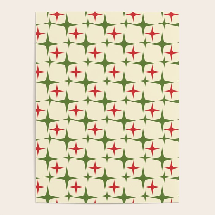 Atomic Christmas Mid Century Modern Stars Retro Xmas Red Green and Cream Pattern Poster Gallery Image 4