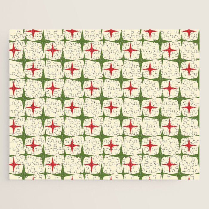 Atomic Christmas Mid Century Modern Stars Retro Xmas Red Green and Cream Pattern Jigsaw Puzzle Gallery Image 1
