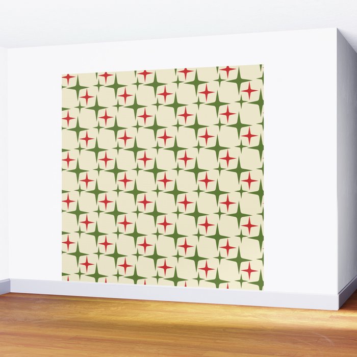Atomic Christmas Mid Century Modern Stars Retro Xmas Red Green and Cream Pattern Wall Mural Gallery Image 2