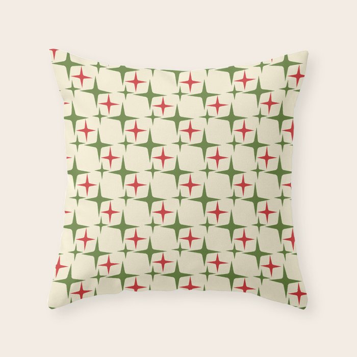 Atomic Christmas Mid Century Modern Stars Retro Xmas Red Green and Cream Pattern Throw Pillow Gallery Image 6