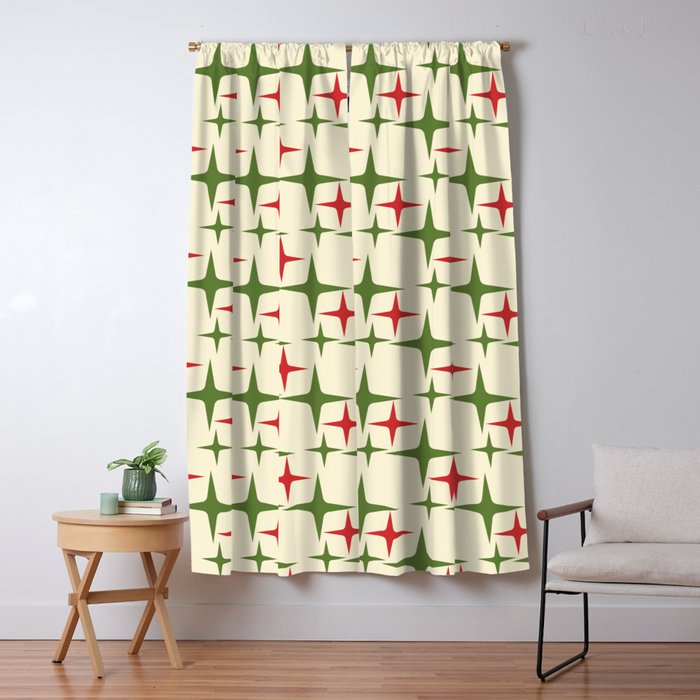 Atomic Christmas Mid Century Modern Stars Retro Xmas Red Green and Cream Pattern Window Curtain Gallery Image 1